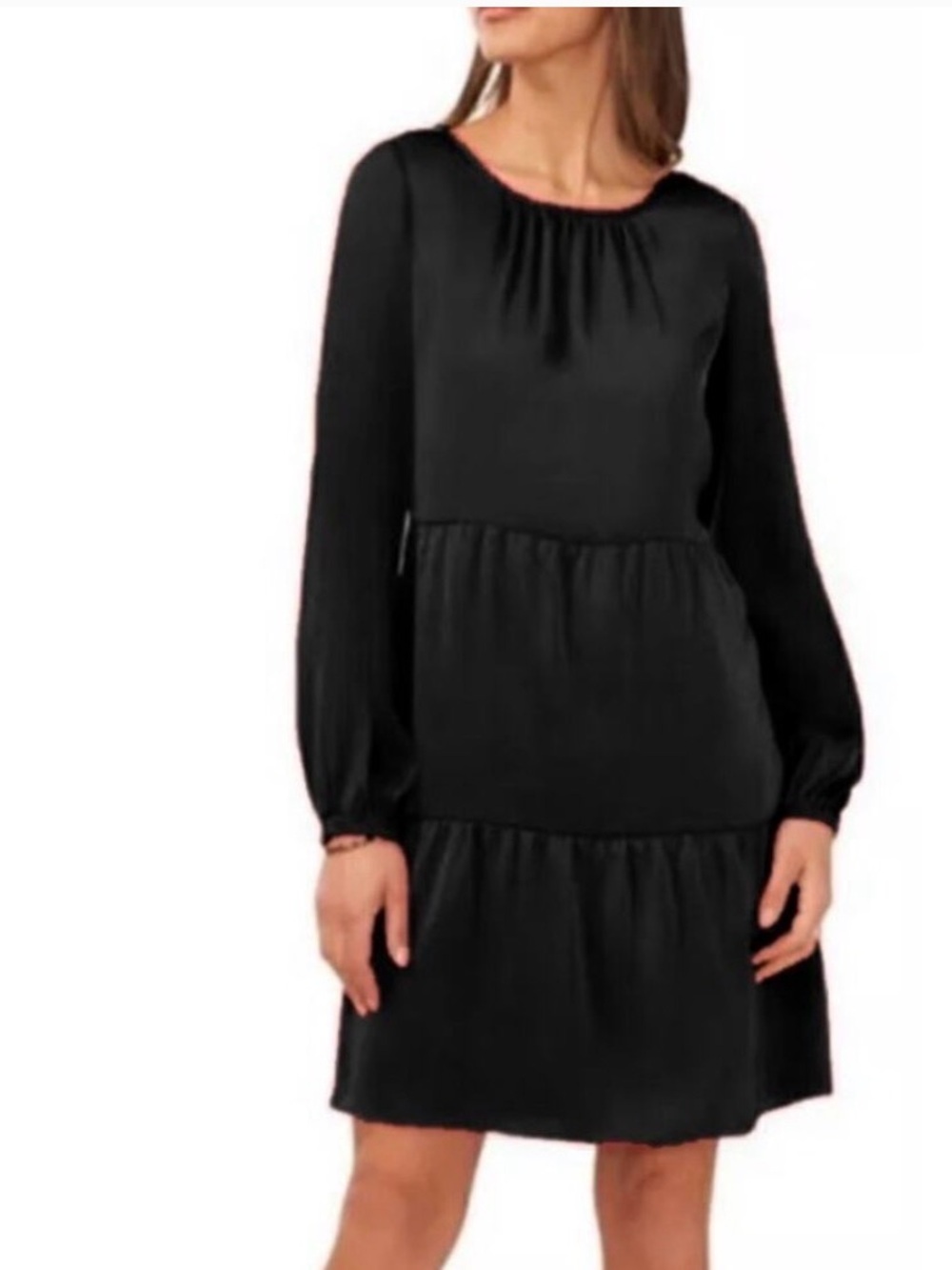 Halogen Black Long-Sleeve Tiered Scoop Dress